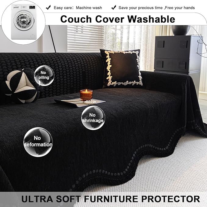 ROOMLIFE Black Sofa Cover, Vintage Boho Couch Cover for 3 Cushion Sofa, Non Slip Soft Chenille Sofa Slipcovers for Dog, Washable Furniture Sofa Protector Cover with Tassel for Living Room, 71''X150”