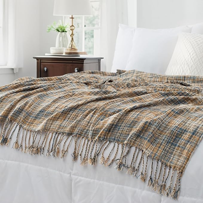 Chenille Throw Blanket for Couch with Tassels,60"X80" Soft Lightweight Knitted Boho Decorative Blankets for Bed and Sofa,Blue and Yellow
