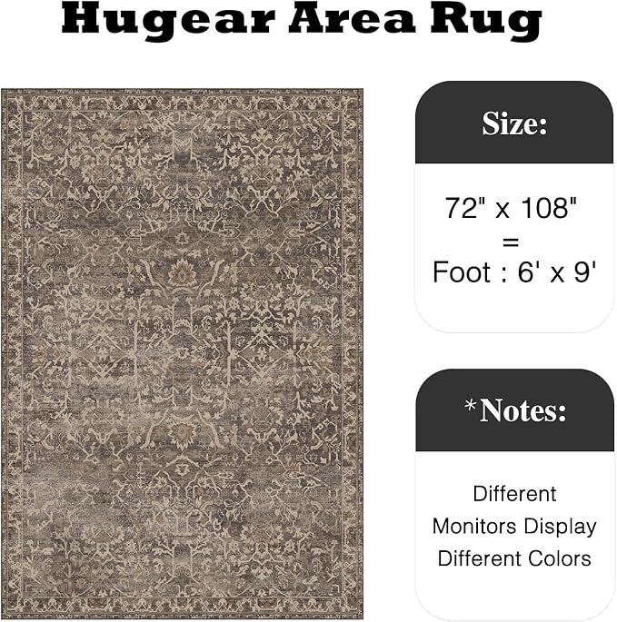 HUGEAR Area Rug 6x9 Retro Brown Machine Washable Living Room Rugs Distressed Vintage Floral Vacuumable Low Pile Carpet Bedroom Office Dining Room Laundry Room Non Slip Soft Lightweight