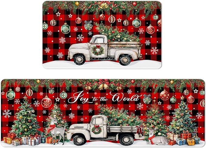 Christmas Rugs for Kitchen Floor, Red Buffalo Plaid Christmas Truck Mats for Kitchen Floor Rubber Non Slip, 2PCS Farmhouse XmasTree Kitchen Mat Cushioned for Room Doorway 15.7"×27.5" +15.7"×47"