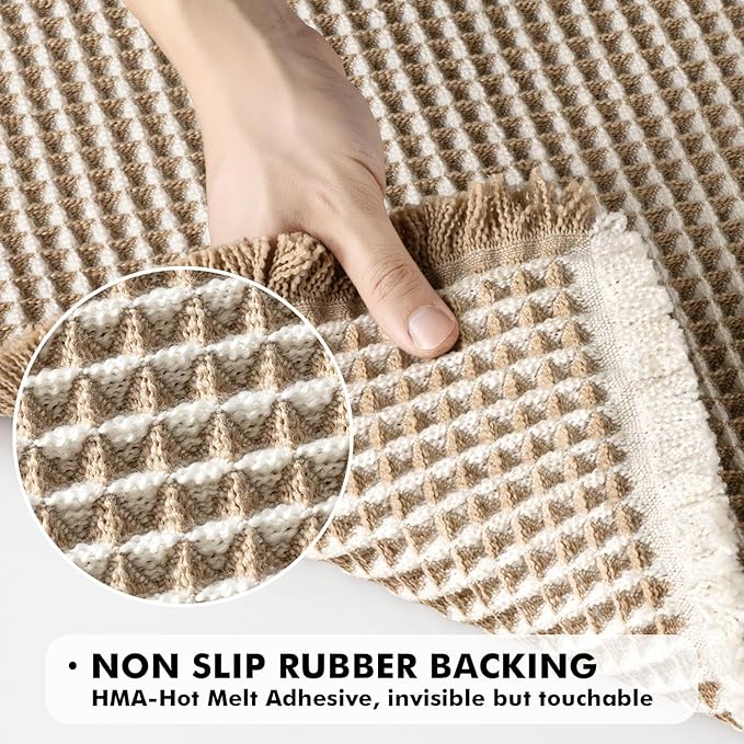 MIULEE Set of 2 Waffle Bathroom Rugs, Boho Bath Rugs Non Slip Washable, Super Absorbent Bath Mats, Ultra Soft Rubber Backed Shower Mats for Bathroom Floor, Tub, Brown & White, 17x24 Inch