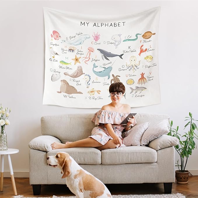 WARDOS Ocean Nursery Alphabet Tapestry, Sea Animals Kids Tapestry Wall Hanging, ABC Alphabet Educational Wall Blanket Decor for Classroom Toddler Kids Nursery Bedroom Playroom, 50x60 Inch