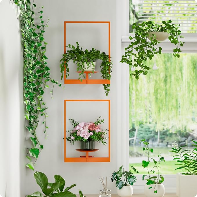 Orange Metal Wall Plant Holder - 2-Pack Wall Mounted Plant Stands and Hanging Holders for Indoor Planter and Flower Pot -Rectangle Decor Shelf for Plant Storage (Pot Not Included)