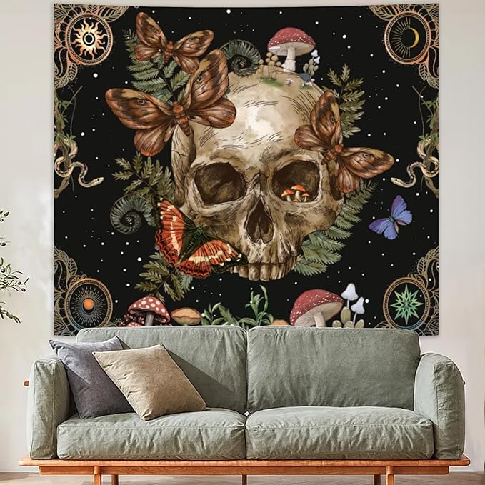 Avinyl Halloween Gothic Tapestry for Bedroom,Vintage Goth Skull Whichy Butterfly Floral Wall Tapestries, Skeleton Moth Mushrooms Poster Backdrop for Living Gaming Room Dorm Decor 51in X 60in