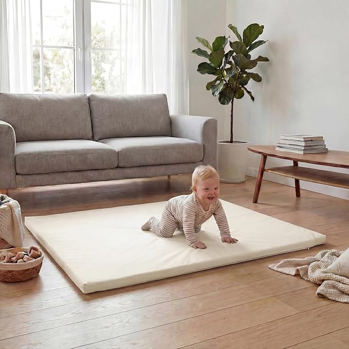 Baby Play Mat 50x50 Inches,1.3" Thick Padded Waterproof Floor Cushion & Playpen Mat with Vegan Leather,Non-Slip & Non-Toxic Nursery Rug for Infants, Toddlers & Kids(Cream)