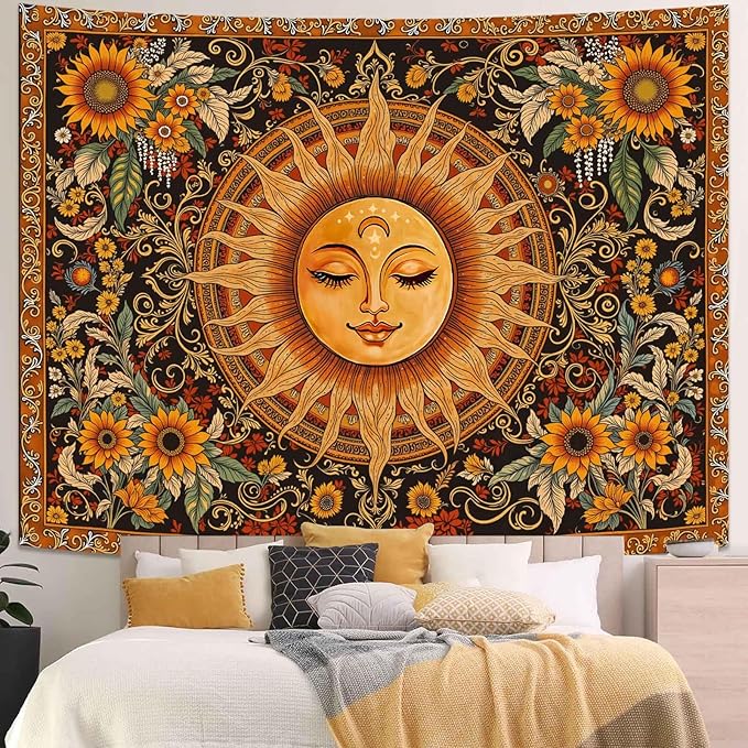 Spenlife Celestial Sun Tapestry, Boho Floral Tapestries for Bedroom, Aesthetic Wall Decor, Sunflower Tapestries (80" x 60")