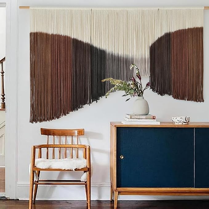Jakalin Macrame Wall Hanging Geometric Dip Dyed Brown Red Dark Brown Boho Fiber Wall Decor for Living Room Art