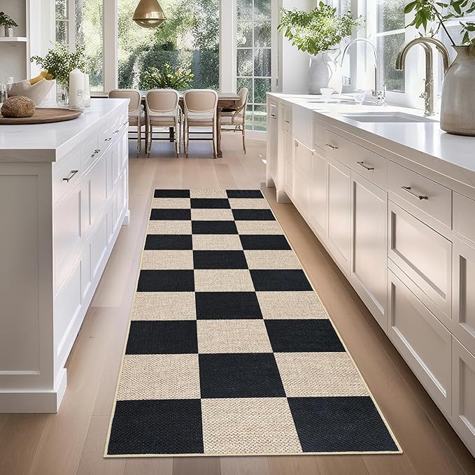 GarveeHome Easy Jute Rugs 2x8 Checkered Kitchen Runner Rugs Non Skid Washable Stain Resistant Indoor Outdoor Rugs for Living Room, Bedroom, Dining, Patio - Farmhouse Style Black