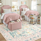 Lahome Sylvie Large Rugs for Living Room, Boho Machine Washable 8x10 Area Rugs Girls Bedroom Decor, Ultra-Thin Soft Distressed Floral Carpets Non Slip for Office Dining Room, Pink/Multi