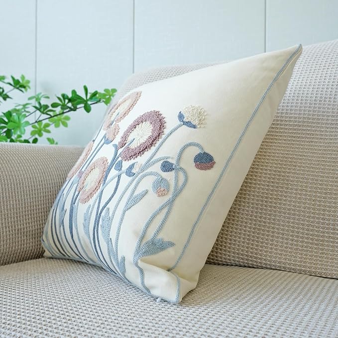 vctops Floral Embroidered Pillow Covers 18x18 Inch Spring Summer Cotton Tufted Throw Pillow Cover Outdoor Garden Cushion Case for Sofa, Bed, Living Room (Flower C,18"x18")