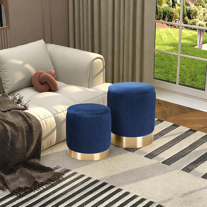 Velvet Round Ottoman Storage Set of 2 - Blue Velvet Stool for Living Room and Bedroom, Gold Ottoman with Storage, Accent Chair, Modern