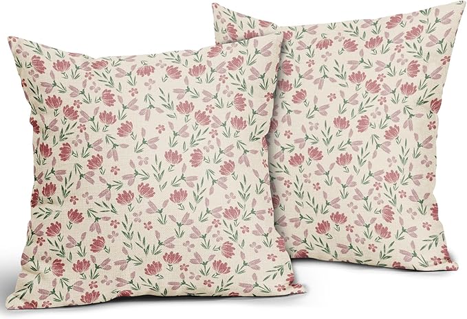 Green Pink Floral Pillow Covers 16x16 Set of 2 Vintage Rustic Old Style Cute Small Flower Print Decorative Outdoor Pillowcases Farmhouse Throw Cushion Case Decor for Couch Sofa Bed