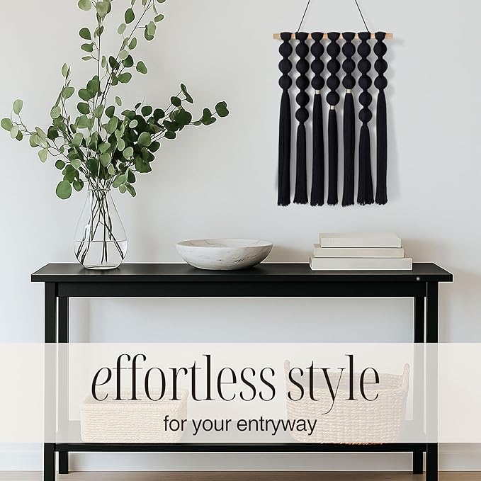 STRONA Handmade Macrame Wall Hanging – 16"W x 23"L Boho Tapestry with Gold Detail, Black Cotton Macrame Wall Art, Organic Modern Decor for Bedroom, Living Room, Entryway, Artisan Handcrafted in India