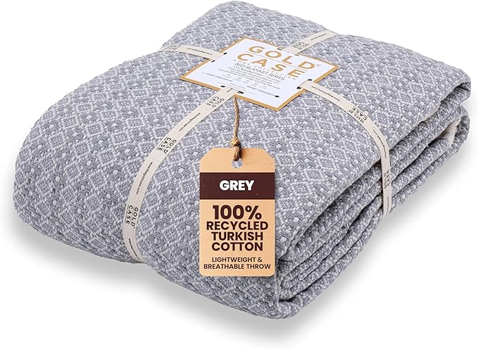 Gold Case Throw Blanket for Bed - 100% Recycled Turkish Cotton Blanket - Retro Lightweight Soft Throw Blankets for Bed & Living Room - Twin Size Cozy Blankets - 71x90 - Grey