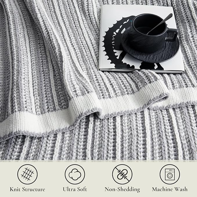 Amélie Home Striped Knit Throw Blanket for Couch, Dual-Sided Soft Chenille Decorative Blankets for Sofa & Chair, 50"x60", Gray & White