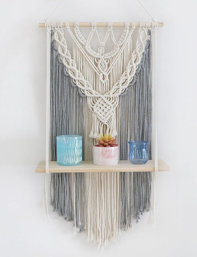 Macrame Wall Hanging Shelf Grey Floating Shelves Rope Shelf for Hanging Plants Grey Boho Decor for Bedroom Living Room,1 Tier
