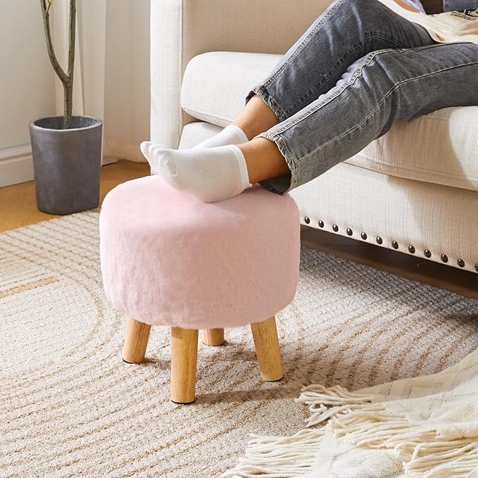 YMYNY Round Pouf Ottoman Small Foot Stool Faux Fur Foot Rest for Couch Modern Boho Footstools with Wood Legs for for Living Room Bedroom Office 12.6" D×12.6" W×12.6" H Pink UHBD035P