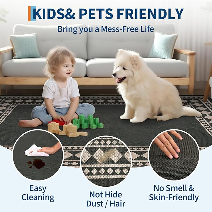 GarveeHome Large Easy Jute Rugs 10x13 Living Room Rug Modern Bordered Solid Rug with Non-Slip Backing, Non-Shedding Jute Indoor Outdoor Neutral Carpet for Dining Room, Patio, Backyard, Black