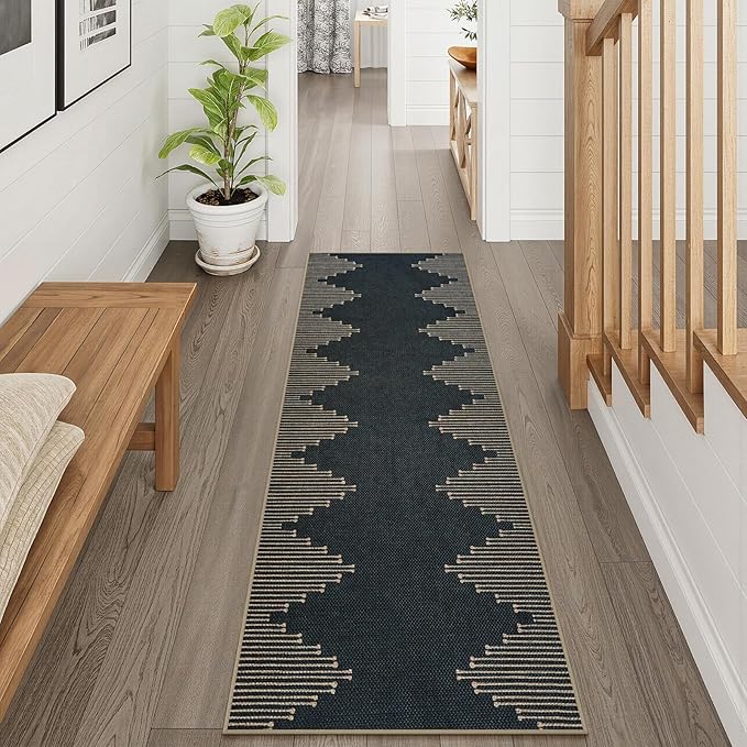 LIVEBOX Easy Jute Runners Rug for Entryway, 2x6 Runner Rug Kitchen Rugs Non Slip, Washable Black and Tan Bohemian Indoor Runner Rugs for Laundry Room Bedroom, Carpet Runners for Hallway 6ft