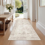 Fmfunctex 3x8 Runner Rug Beige Washable Vintage Neutral Distressed Non Slip Low Pile Indoor Carpet Soft Retro Floral Hallway Entryway Rug for Kitchen Living Room Bedroom Bathroom Laundry Entry Bedside