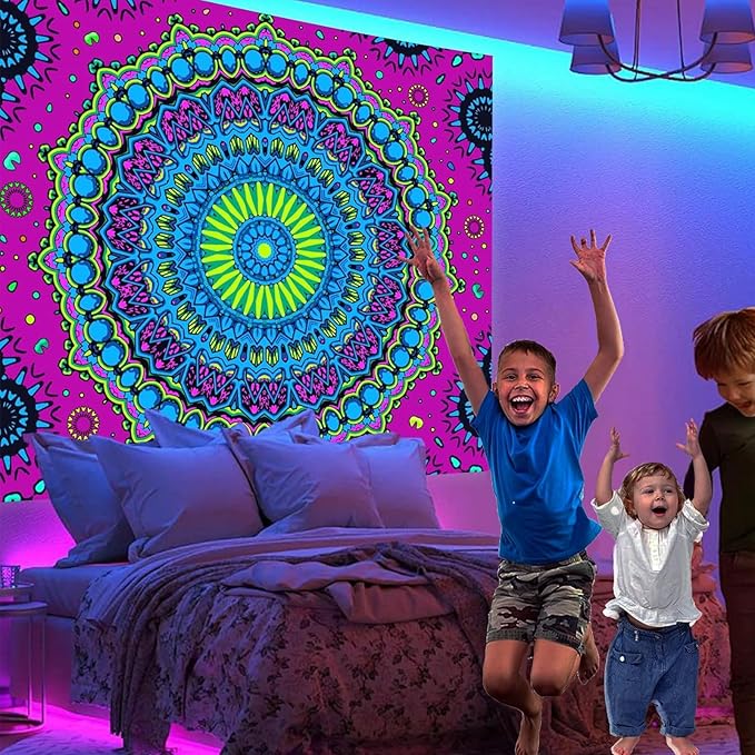 Apdidl Blacklight Trippy Mandala Tapestry for Bedroom, Black Light UV Reactive Posters Wall Hanging Aesthetic, Neon Colorful Hippie Boho Art Decor Tapestries for Living Room Adults 51" X 60"