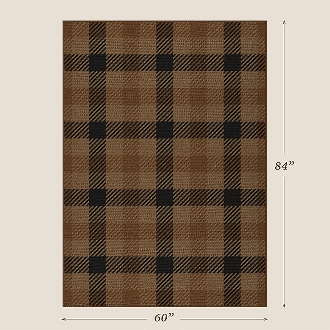 Brown Large Checkered Area Rug for Bedroom - 5x7 Easy Jute Dark Plaid Rug for Living Room, Large Entryway, Patio Outdoor Porch, Neutral Earthy & Coffee Rustic Décor