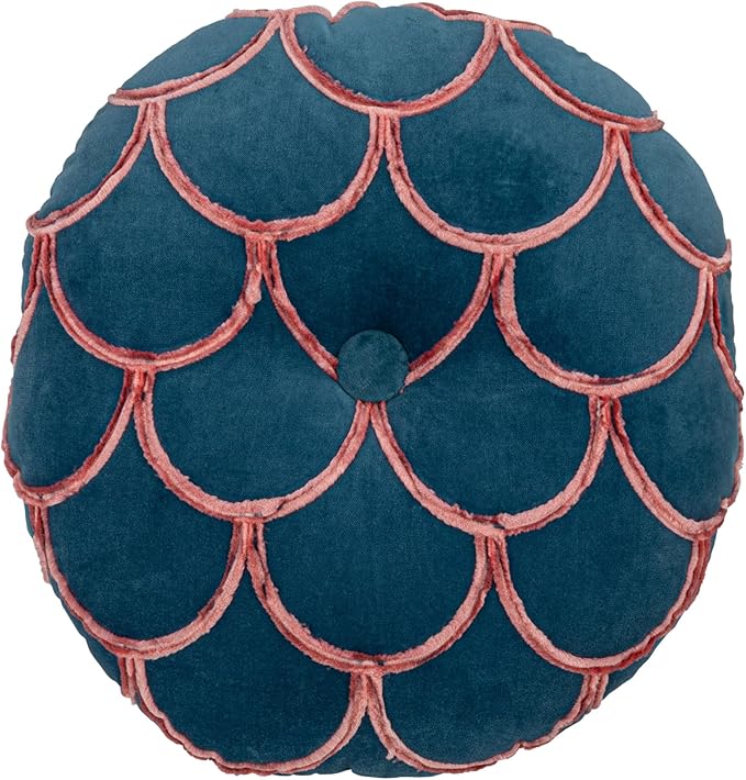 18 Inches Round Cotton Pillow with Tufted Scallop Pattern, Navy Blue and Pink