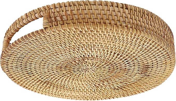 Hipiwe 10" Round Rattan Serving Tray with Handles, Hand-Woven Decorative Organizer Tray for Storage Breakfast Drinks Snack, Centerpiece Fruit Basket for Home Decoration, Small