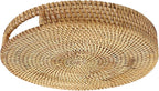 Hipiwe 10" Round Rattan Serving Tray with Handles, Hand-Woven Decorative Organizer Tray for Storage Breakfast Drinks Snack, Centerpiece Fruit Basket for Home Decoration, Small