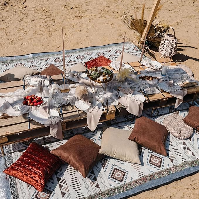 91x 71 in Extra Large Outdoor Picnic Blanket with Waterproof Mat Oversize Beach Woven Cotton Yarn Blanket with Fringe Machine Sandproof for Spring Summer Camping Beach Park(Diamond,Brown)