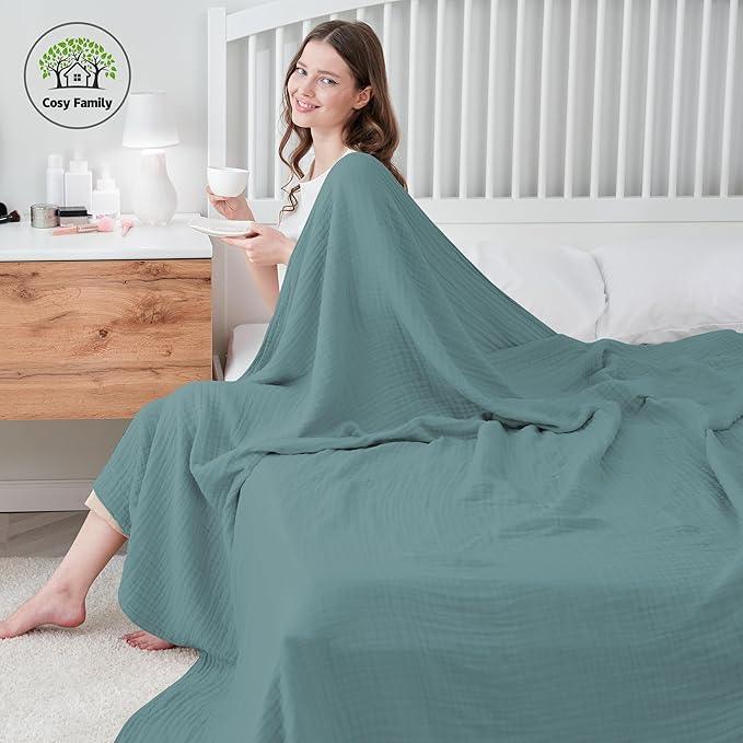 Cosy Family 100% Cotton Muslin Bed Blanket - Breathable and Lightweight Gauze Boho Blanket for Spring, Green, 80x90 Inches