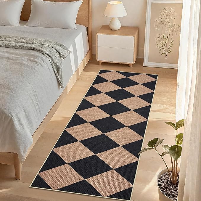 GarveeHome Checkered Easy Jute Runner Rug 2x6 Non-Slip Machine Washable Stain Resistant Indoor Outdoor Rugs for Living Room, Bedroom, Kitchen, Dining, Patio - Farmhouse Style Black Tan