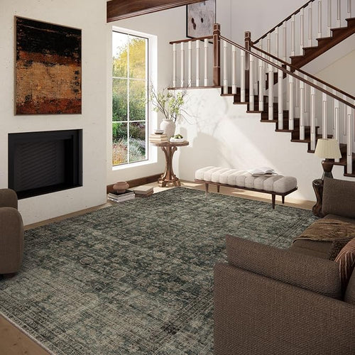 10x12 Area Rugs for Living room: Large Washable Rugs Stain Resistant Non Slip Distressed Vintage Floral Rug Low Pile Faux Wool Soft Green Rugs for Bedroom Farmhouse Dining Room Kids Playroom Nursery
