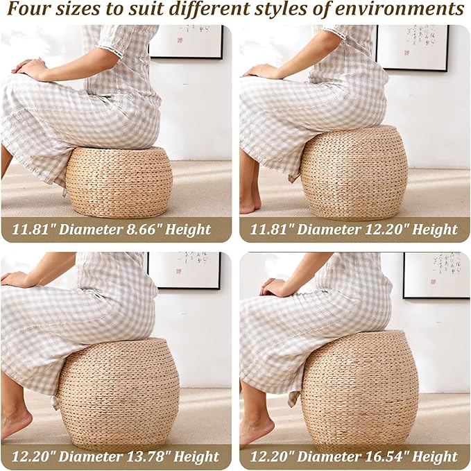 Round Straw Seat Cushion, Tatami Floor Pillow Sitting Cushion, Breathable Round Braided Woven Pouf Ottoman Footstool for Yoga, Meditation, Living Room, Porch (11.81" Dia. x 8.66" H)