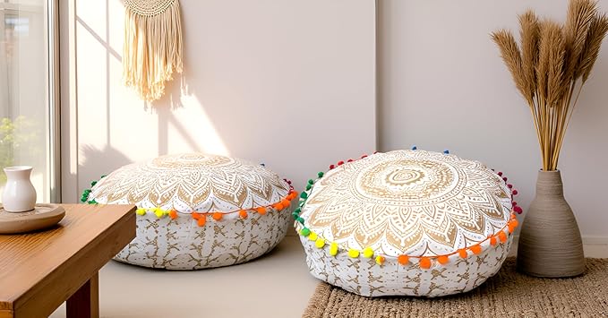 CRAFT KALA 16" Round Large Hippie Mandala Meditation Floor Ottoman Pillow Cushion Pouf Cover Square Poufs Bohemian Circle Floor Cushion Case Outdoor Fireplace Yoga Living Room Decor Cover Golden Ombre
