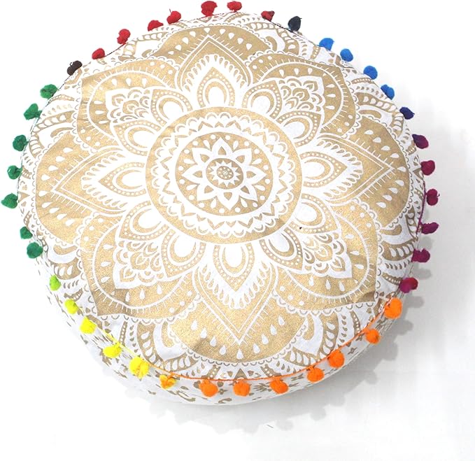 INDIAN CRAFT CASTLE ICC Mandala Barmeri Large Floor Pillow Cover Cushion Meditation Seating Ottoman Throw Cover Hippie Decorative Zipped Bohemian Pouf Ottoman Cases Golden, 16" Round