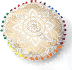 INDIAN CRAFT CASTLE ICC Mandala Barmeri Large Floor Pillow Cover Cushion Meditation Seating Ottoman Throw Cover Hippie Decorative Zipped Bohemian Pouf Ottoman Cases Golden, 16" Round