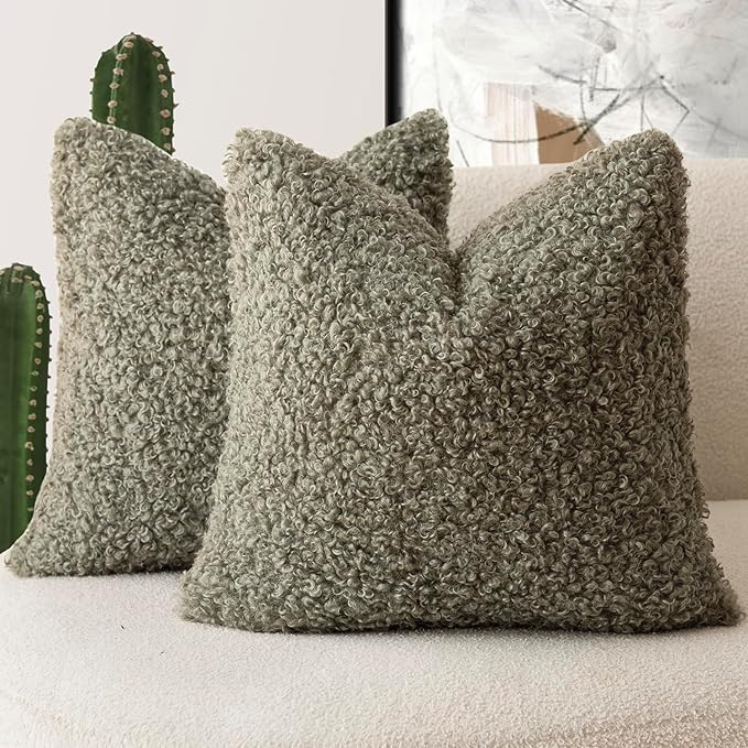 Foindtower 2 Pieces 16x16 Inch Sage Green, Faux Fur Throw Pillow Cover Accent Sherpa Pillow Fuzzy Soft Pillowcases Sheepskin Decorative Fleece Cushion Case for Bed Couch Living Room