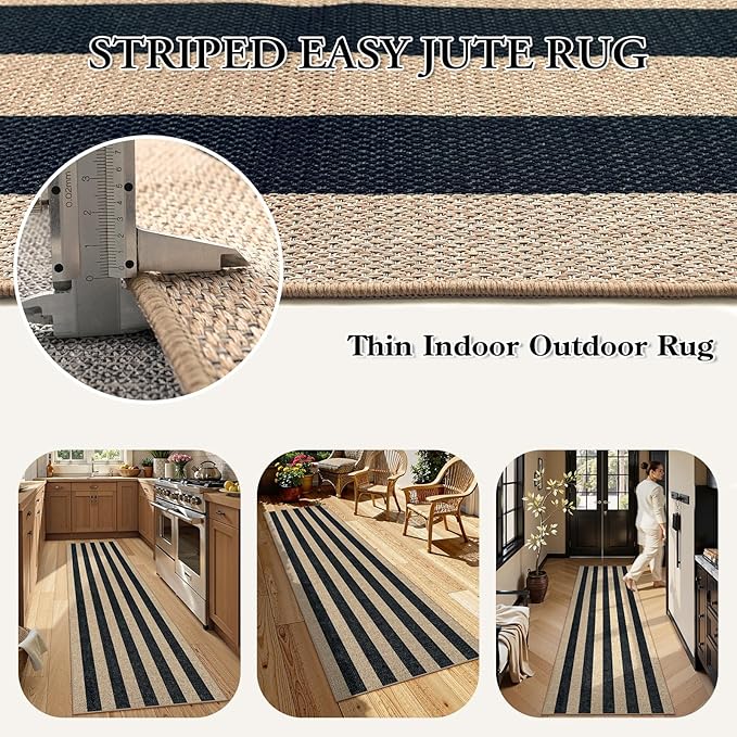 Lahome Elance Striped Easy Jute Kitchen Runner, 2x8 Washable Runner Rug for Hallway Entryway, Farmhouse Non Slip Non Shedding Black Indoor Outdoor Carpet for Entry Porch