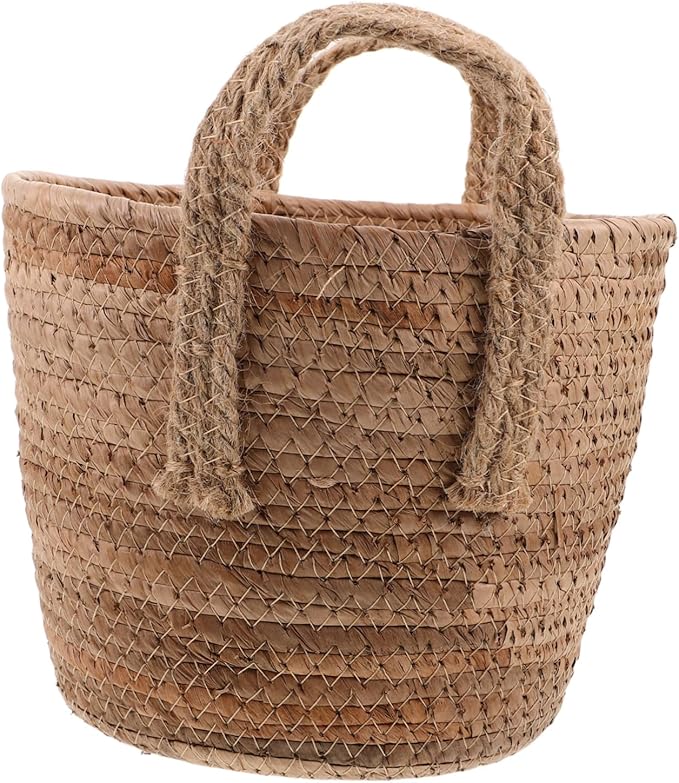 1Pcs Woven Seagrass Plant Basket with Handles Natural Round Storage Basket for Indoor Plants Versatile Home Decor Rattan Flower Pot Nordic Design
