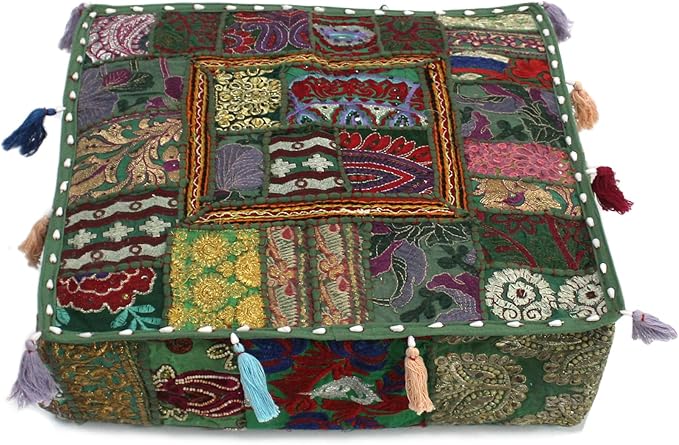 Mam Treasures Indian Bohemian Decorative Pillow Vintage Cushion Cover Patchwork Square Floor Pillow Cover Meditation Cushion Large Floor Pillow Indian Cushion (Dark Green, 22 X 22 X 5 Inch)