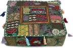 Mam Treasures Indian Bohemian Decorative Pillow Vintage Cushion Cover Patchwork Square Floor Pillow Cover Meditation Cushion Large Floor Pillow Indian Cushion (Dark Green, 22 X 22 X 5 Inch)