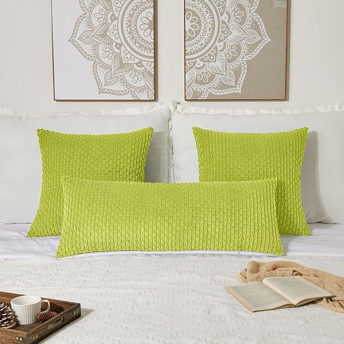 Kevin Textile 14x36 Inch Long Lumbar 1 Pack Boho Decorative Throw Pillow Cover Soft Striped Corduroy Rectangle Cushion Case Farmhouse Accent for Living Room Couch Sofa Bed, Spring Green