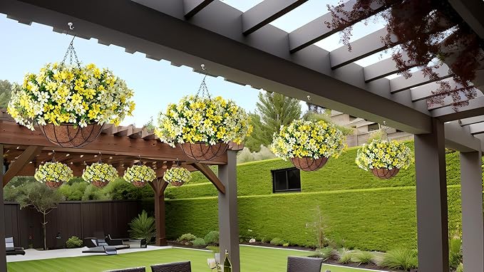 Artificial Flowers with Hanging Planter for Outdoor Decor, Faux Silk Daisy UV Resistant Plants in Basket for Indoor Porch Garden Yard Spring Summer Decor(Yellow)