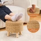 Cpintltr Storage Ottoman Poufs Handwoven Footstool Natural Seagrass Round Footrest Stool with 4 Wood Legs Soft Padded Outdoor Seat for Hallway Lounge Bedroom Garden