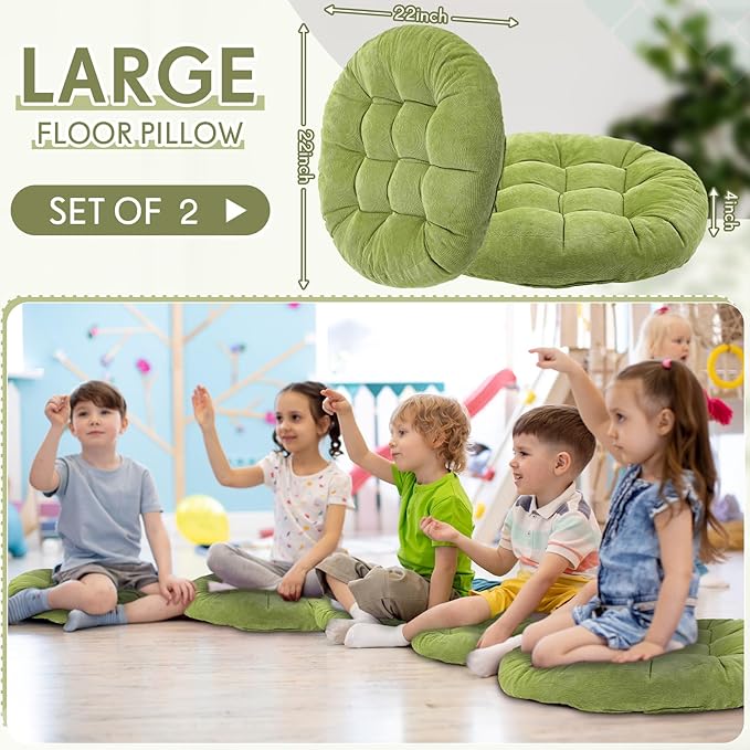 Jerify Floor Pillow Cushions Large Round Square Large Meditation Floor Pillow for Classroom Adult Meditation Picnic Party Seating Learning Daycare School(Round,Bright Green,2 Pcs)