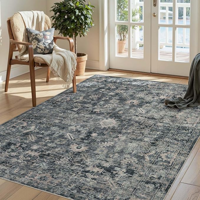 3x5 Rug for Entryway Bedroom, Blue 3x5 Washable Area Rug, Vintage Retro Boho Throw Rug, Non Slip & Low Pile Small Carpet for Indoor Kitchen, Bedside, Living Room, Bathroom and Dining