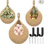3 Pack Boho Wall Hanging Fruit Baskets, Woven Cotton Rope Hanging Storage Basket with 3 Hooks for Kitchen Vegetable Onion Potato Organizer, 3 Size