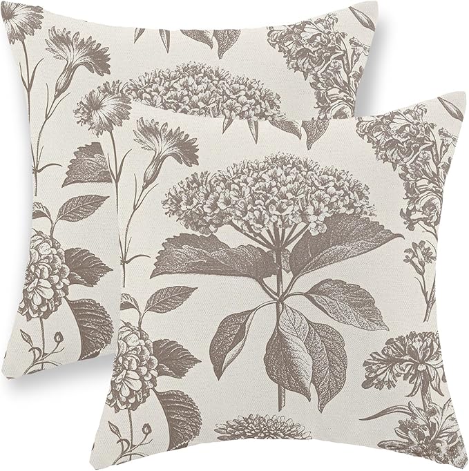 Tan Khaki Pillow Covers 18x18 Set of 2 Vintage Boho Floral Hydrangea Herbs Botanical Throw Pillow Cover Outdoor Flower Decorative Pillowcase Linen Farmhouse Cushion Case Decor for Couch Sofa