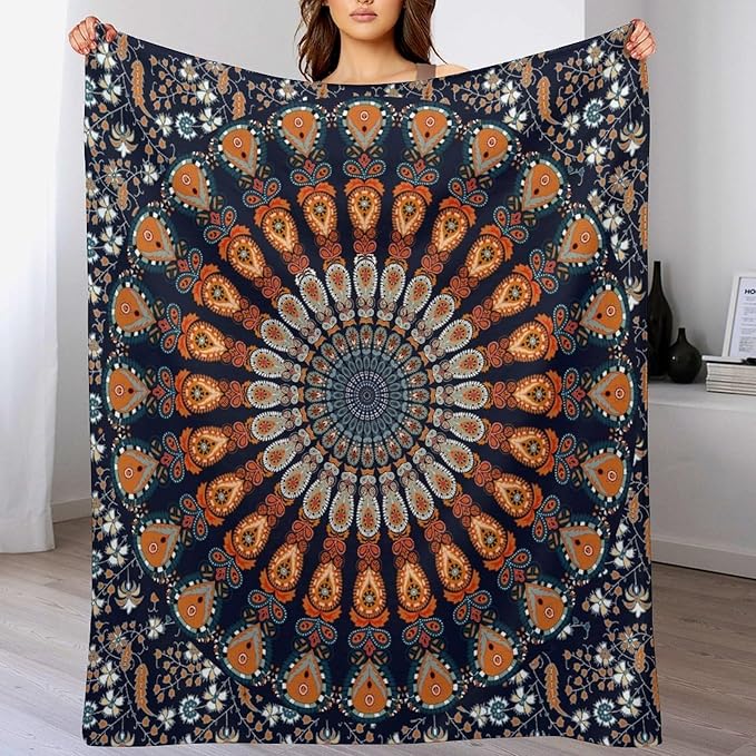 Indian Hippie Bohemian Throw Blanket Beautiful Peacock Mandala Blanket for Sofa Bed Couch Chair Or Dorm 40"x50"